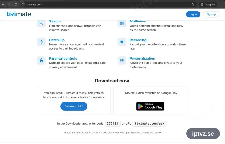 Sajten tivimate.com nedskrollad till knapparna Google Play och Install APK