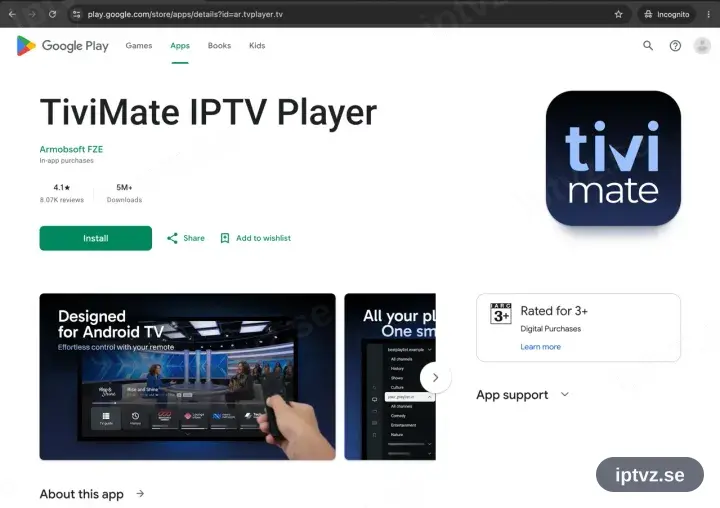 TiviMate på Google Play med Installera tillgängligt