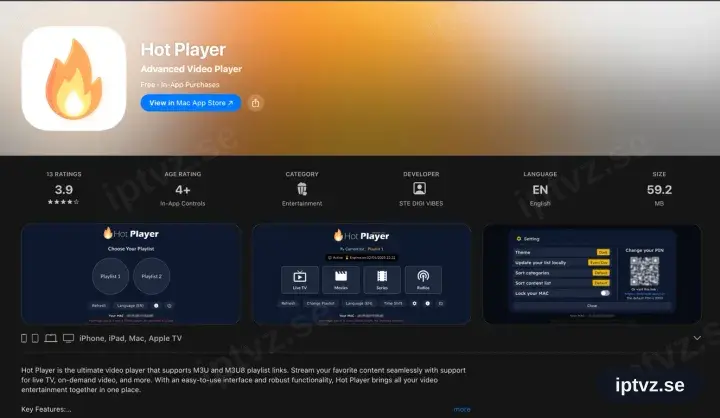 Hot Players sida i App Store med stöd för iPhone, iPad, Mac och Apple TV