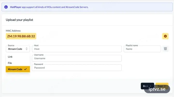 Fält för Xtream Codes-uppgifter i HotPlayer