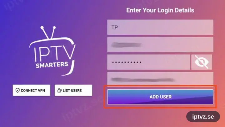 Formulär för namn, användarnamn, lösenord och server-URL i IPTV Smarters
