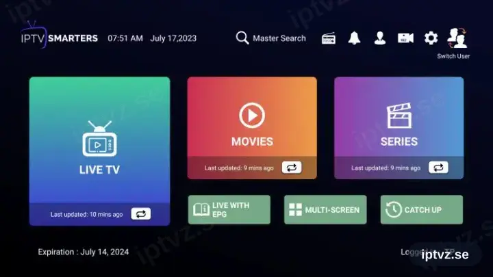 Startskärmen i IPTV Smarters med Live TV, filmer och serier