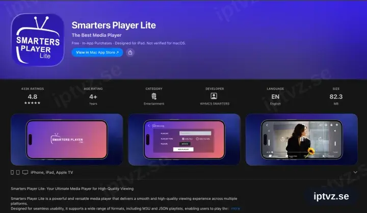 Smarters Player Lite i App Store med knappen Hämta