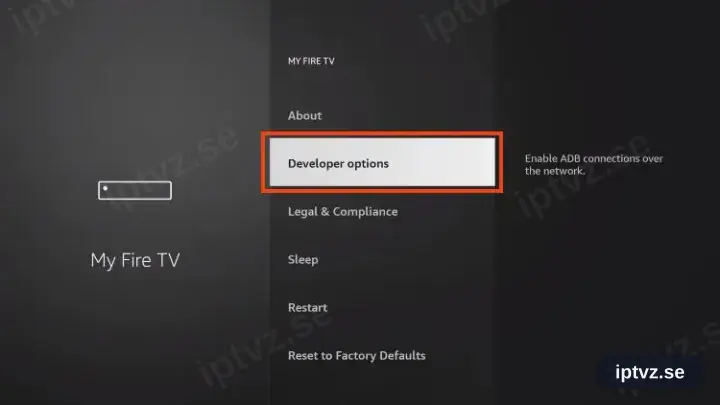Menyn Developer options på Fire TV Stick