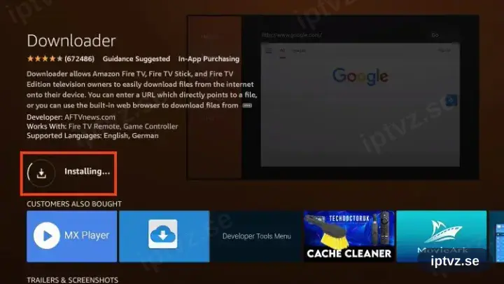 Downloader installeras på Firesticken med förloppsringen synlig