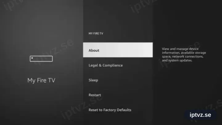 Menyn My Fire TV med About markerat