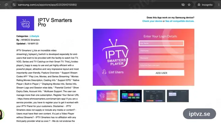 IPTV Smarters Pro i Samsungs appbutik på en smart-TV