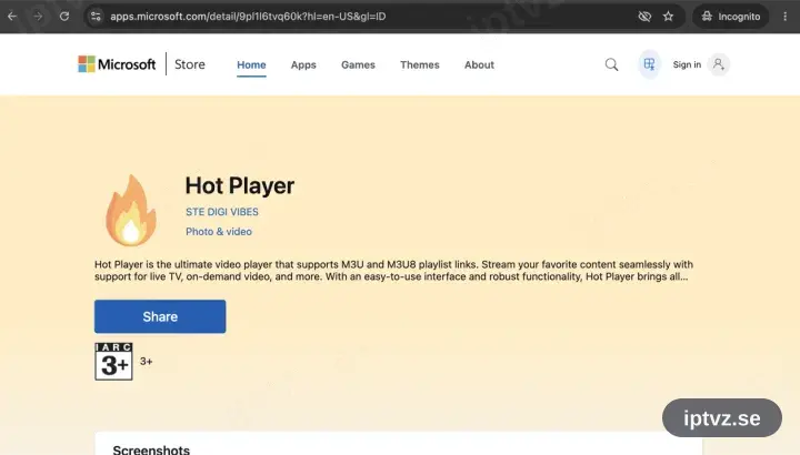 Hot Player-sidan i Microsoft Store